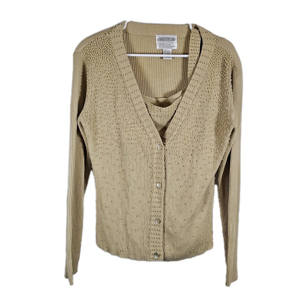 Vintage Sideffects Tan Beaded Cardigan And Tank Size XL Stretchy Ribbed Fabric